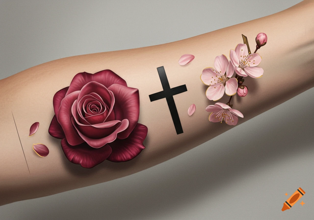 A photorealistic tattoo on an inner forearm featuring a red rose, a black cross, and pink cherry blossoms.