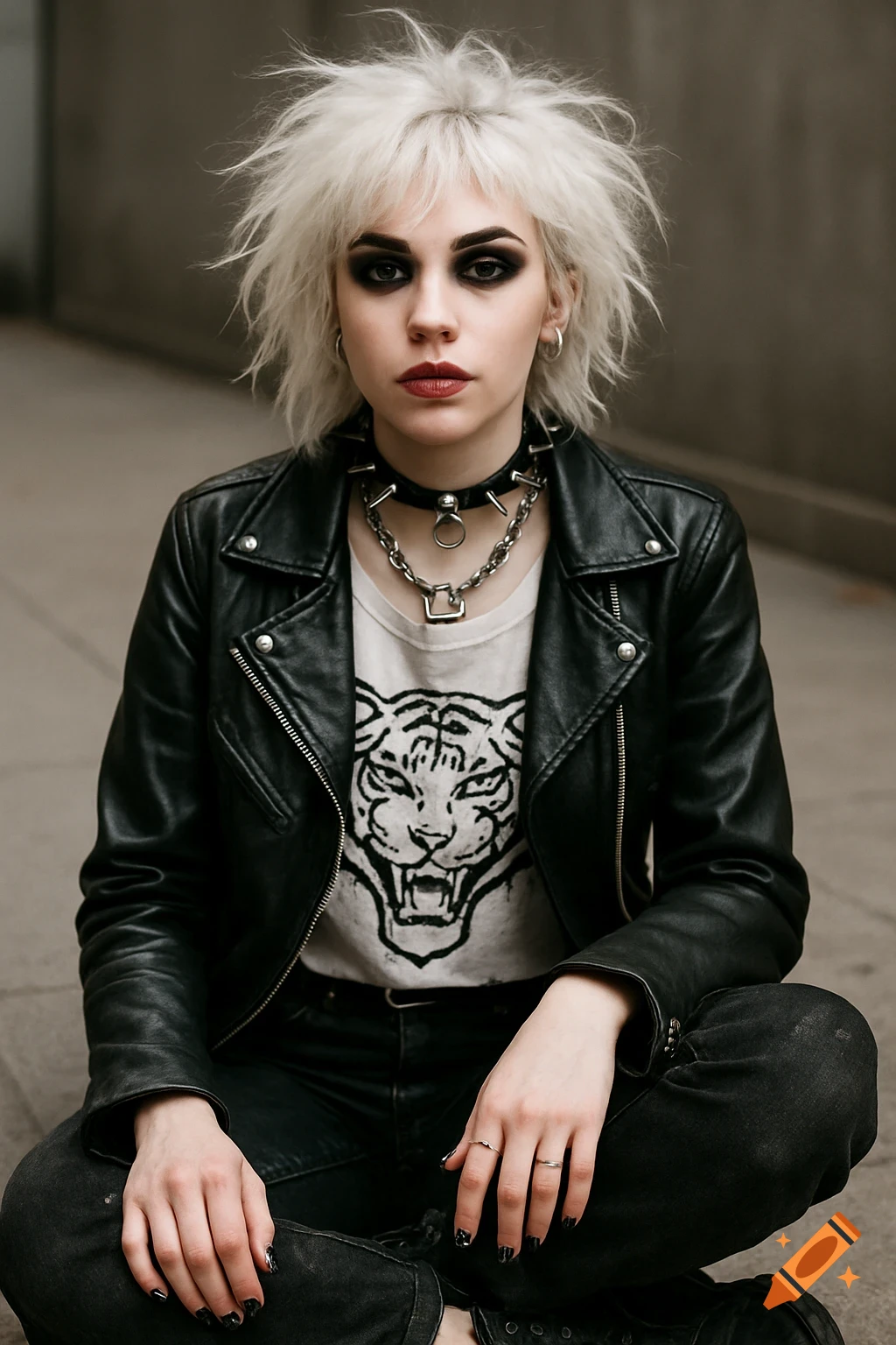 A white gothic woman with messy white hair and dark makeup, wearing a black leather jacket, spiked choker, and a white tiger print t-shirt, sitting outdoors.