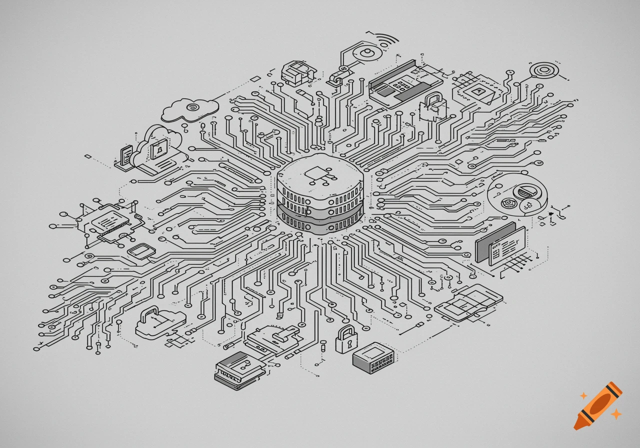 Line art illustration of a circuit board with a central data server connecting to cloud, cybersecurity, and networking icons.