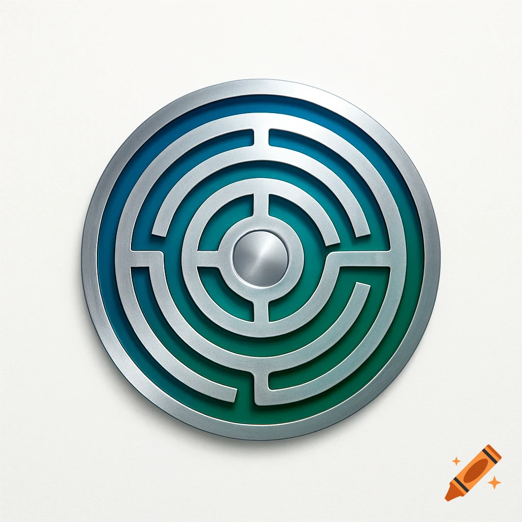 A circular metallic maze design with a blue and green gradient background, centered on a white surface.