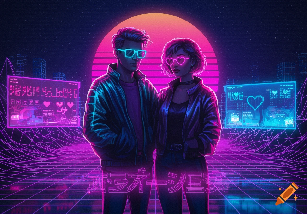 A man and a woman in glowing neon glasses and jackets stand in a retrowave cityscape with a grid and large sun.