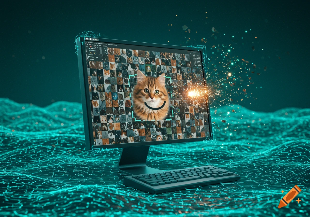 A computer monitor displays a grid of cat images, highlighting a large smiling cat. The scene features glowing digital circuits and sparks.