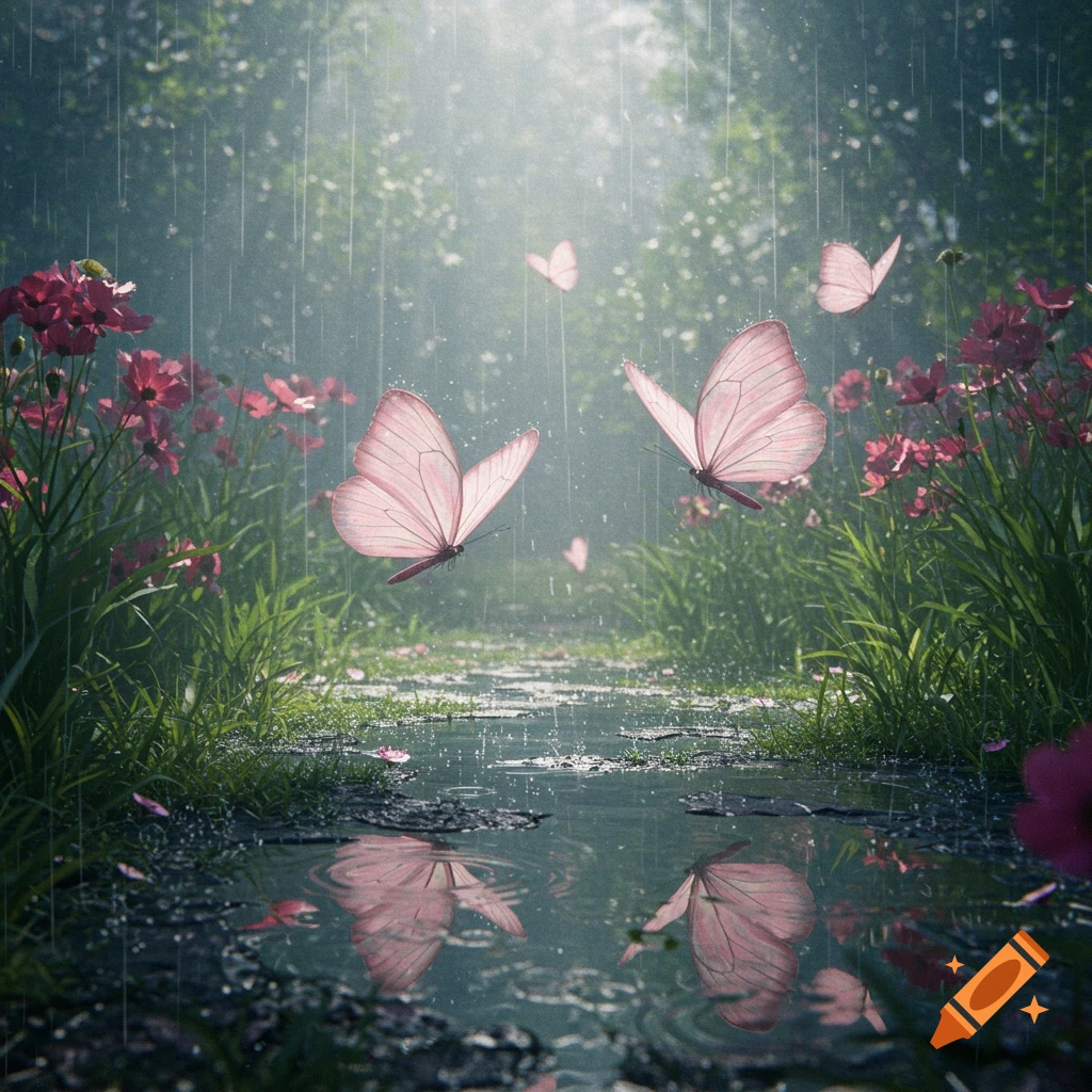 Photorealistic image of pink butterflies flying in a rainy garden path with reflections in puddles.