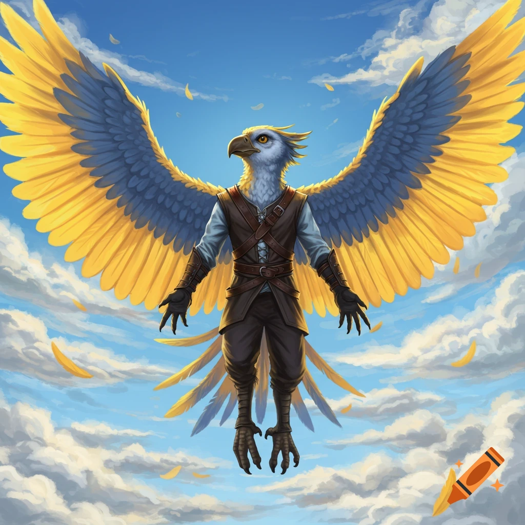 A majestic Aarakocra with large yellow and blue wings soars through a bright blue sky filled with clouds and falling feathers.