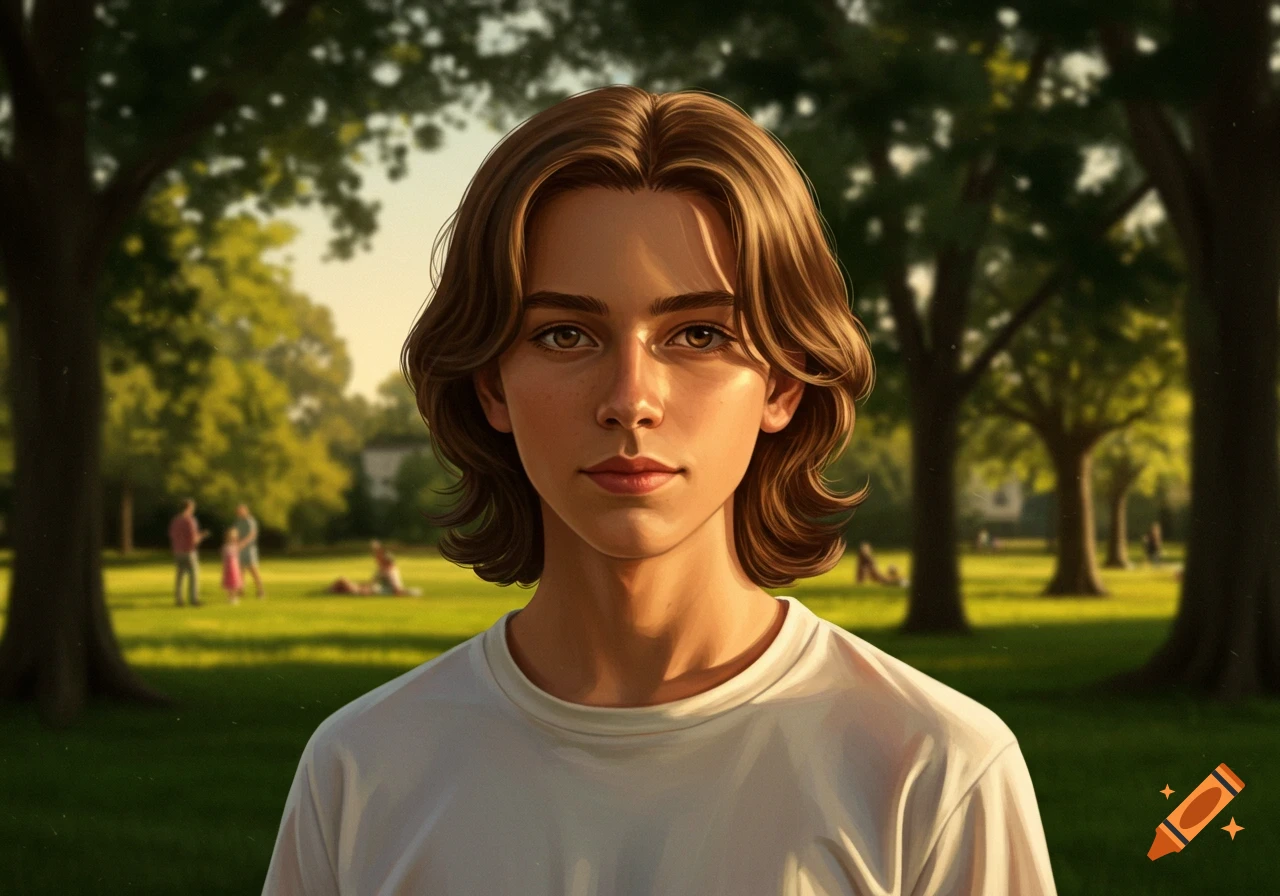 Realistic portrait of a teenage boy with brown wavy hair and a white t-shirt in a sunny park.