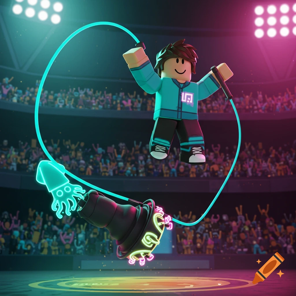 A stylized 3D Roblox character in an arena jumps over a neon jump rope with a glowing squid head, surrounded by a cheering crowd.