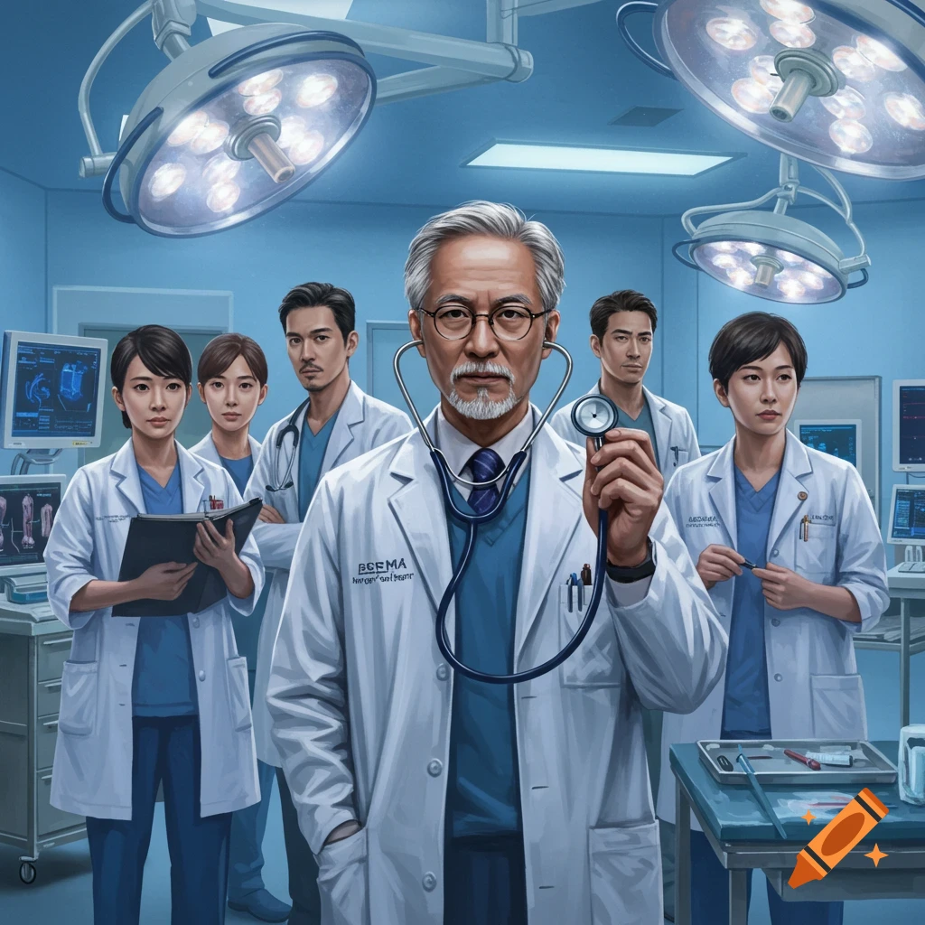 A team of diverse doctors and medical staff, including a prominent older male doctor holding a stethoscope, stand in a brightly lit operating room.