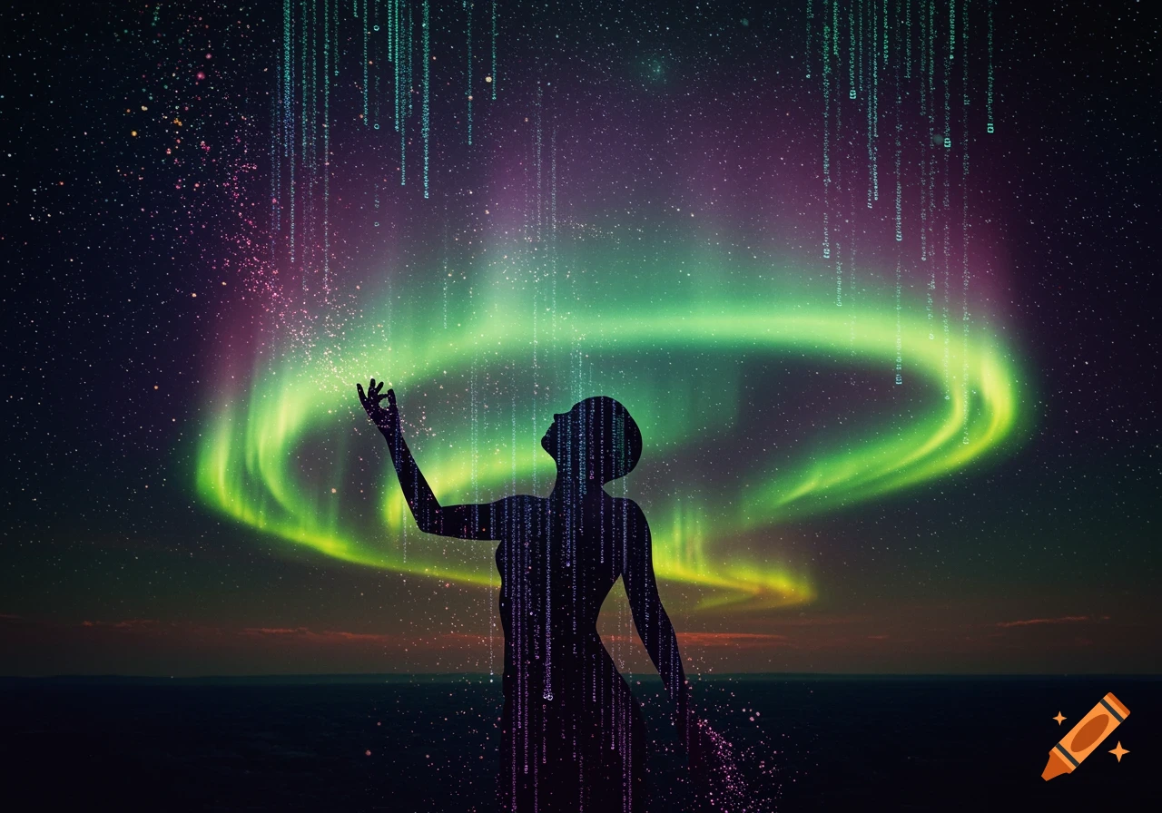 A silhouetted figure reaches upward, blending into a night sky filled with a green aurora and falling digital data streams.