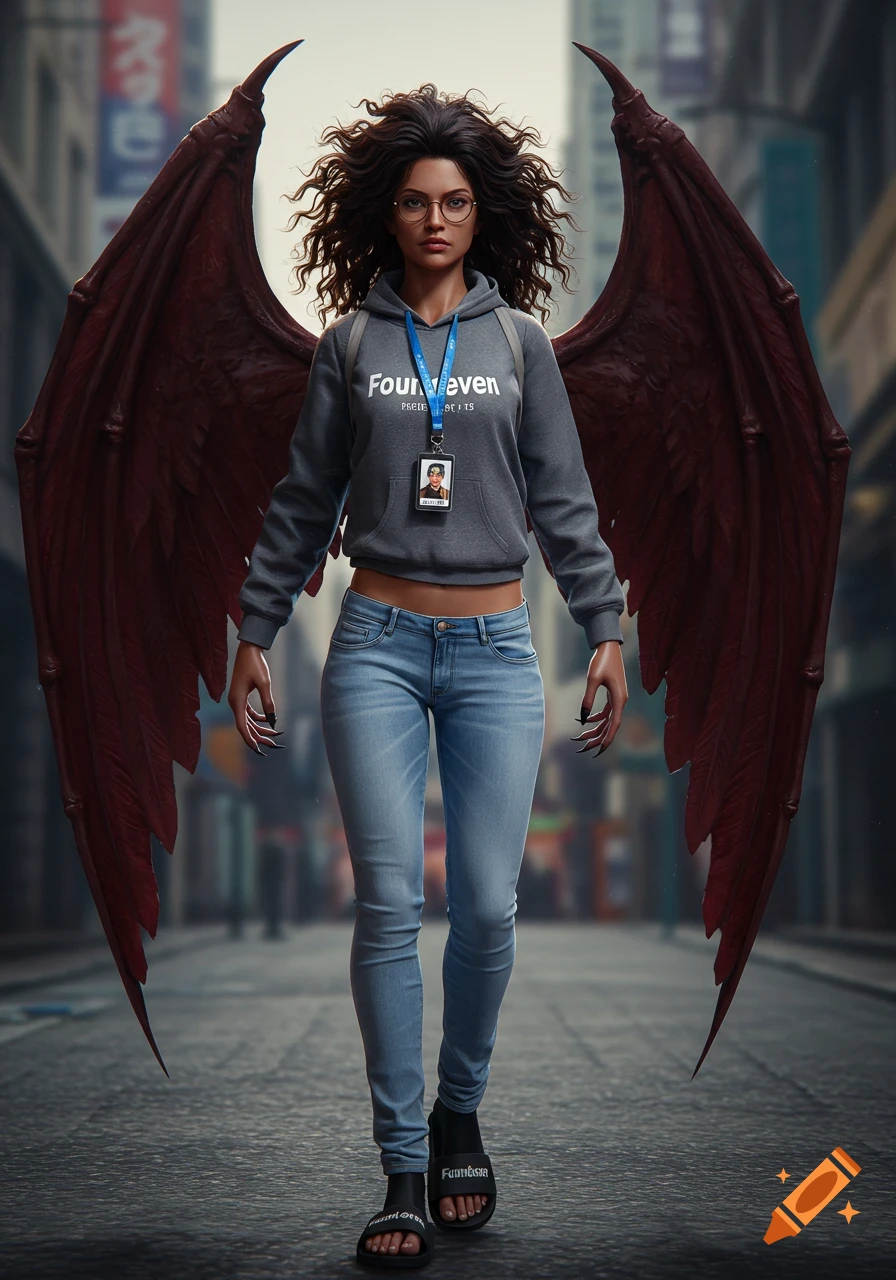 A photorealistic image of a woman with large, dark red, demonic wings, wearing a gray hoodie, light blue jeans, and black slippers, standing on a city street.