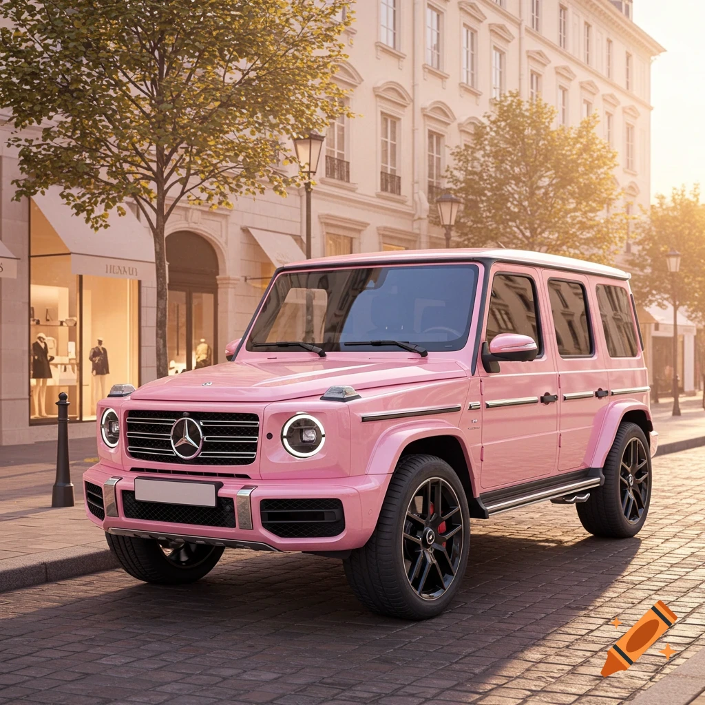 A bright pink Mercedes G-Wagon parked on a cobblestone street in a sunny European city, with luxury shops.