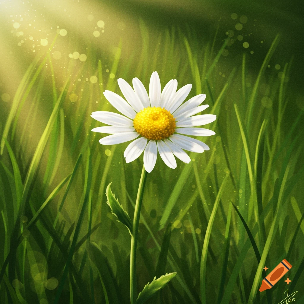 A vibrant white daisy with a yellow center stands tall in lush green grass, illuminated by golden sunlight and bokeh effects.