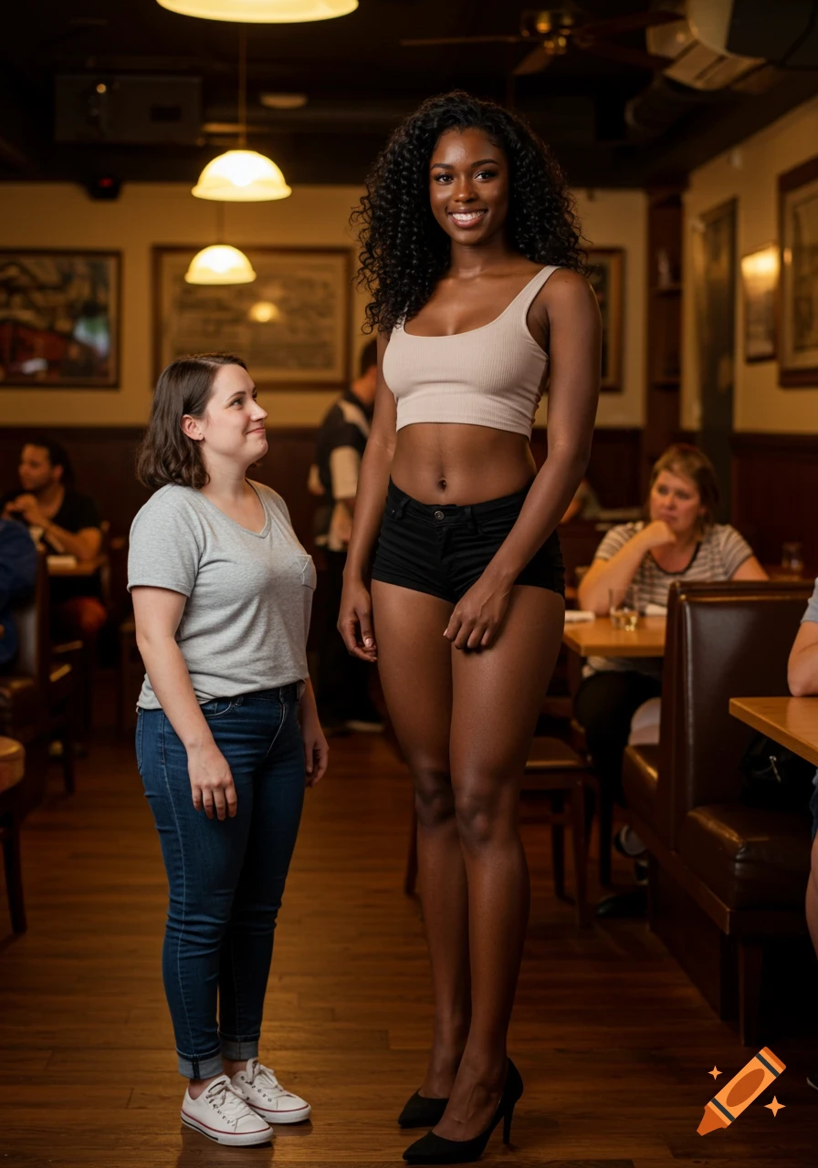 A tall Black woman in a crop top and shorts stands next to a shorter white woman in a grey t-shirt and jeans inside a restaurant.