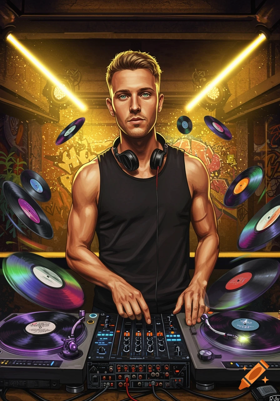 A male DJ with headphones stands in front of turntables and a mixer, surrounded by floating vinyl records in a club with yellow lights. Digital art style.