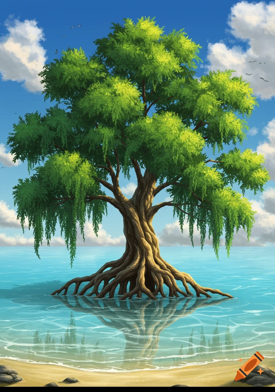 A vibrant illustration of a large tree with exposed roots standing in clear blue ocean water, under a bright blue sky with clouds.