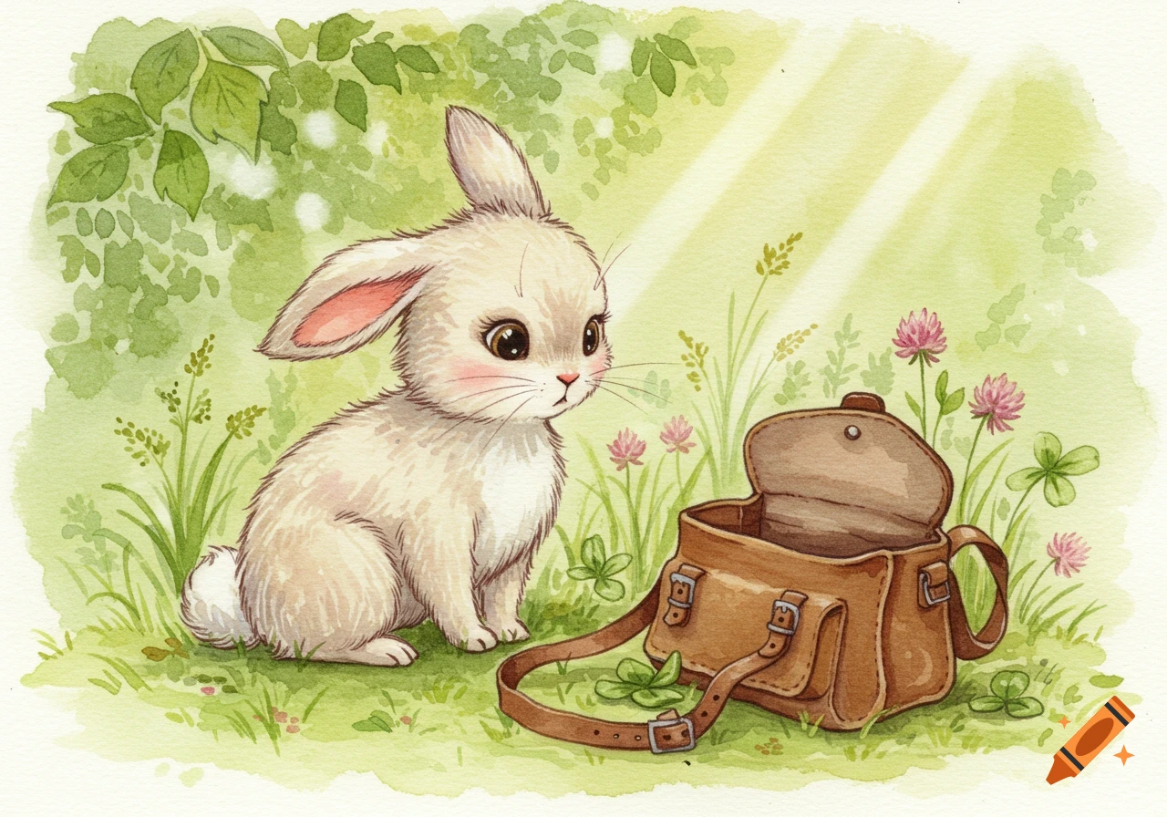 A cute fluffy bunny in a watercolor illustration looks at an open brown satchel in a grassy field with clover and flowers.