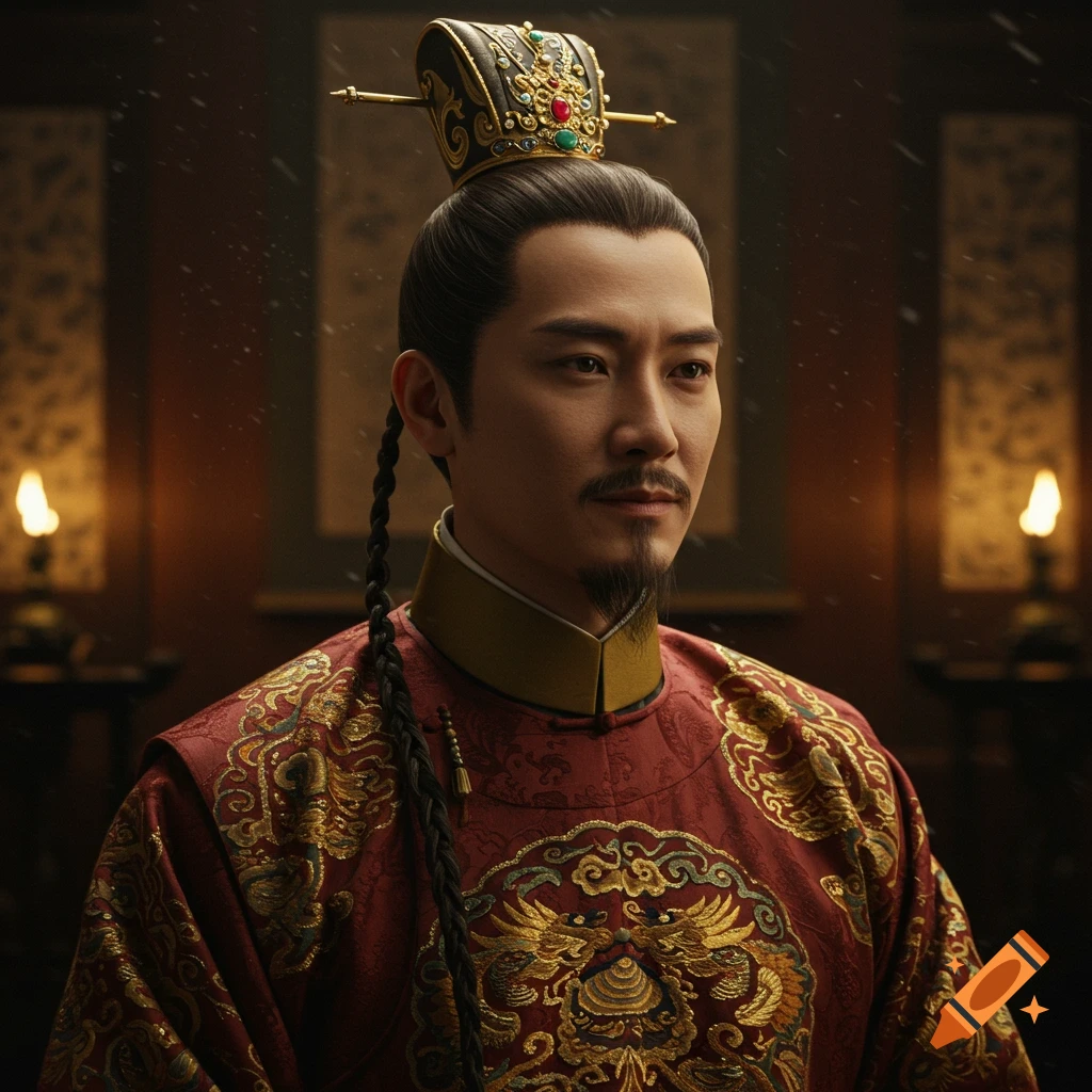 A photorealistic portrait of an East Asian man with a traditional Manchu queue and imperial hat, wearing an embroidered red robe.