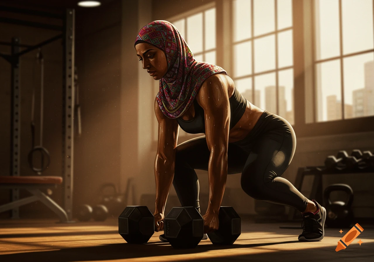 Photorealistic image of a female bodybuilder in a hijab and workout attire lifting dumbbells in a sunlit gym.