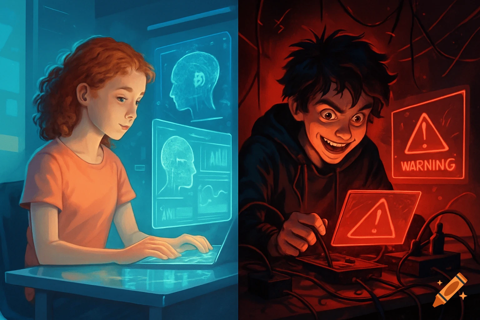 A split image contrasting a girl using AI positively with scientific displays and a boy using AI negatively with warning signs.