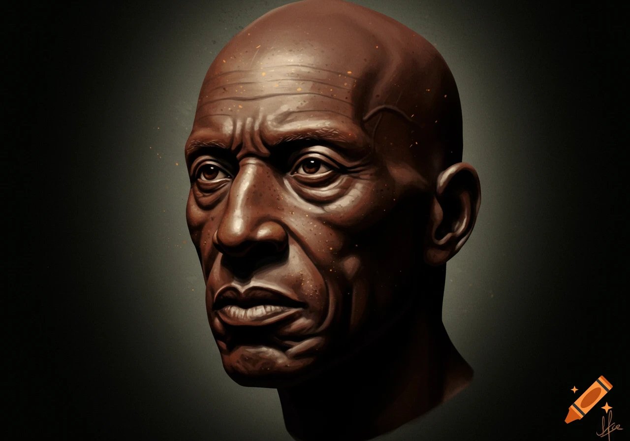 A close-up digital painting of a bald man with dark skin, looking off to the side, against a dark background.
