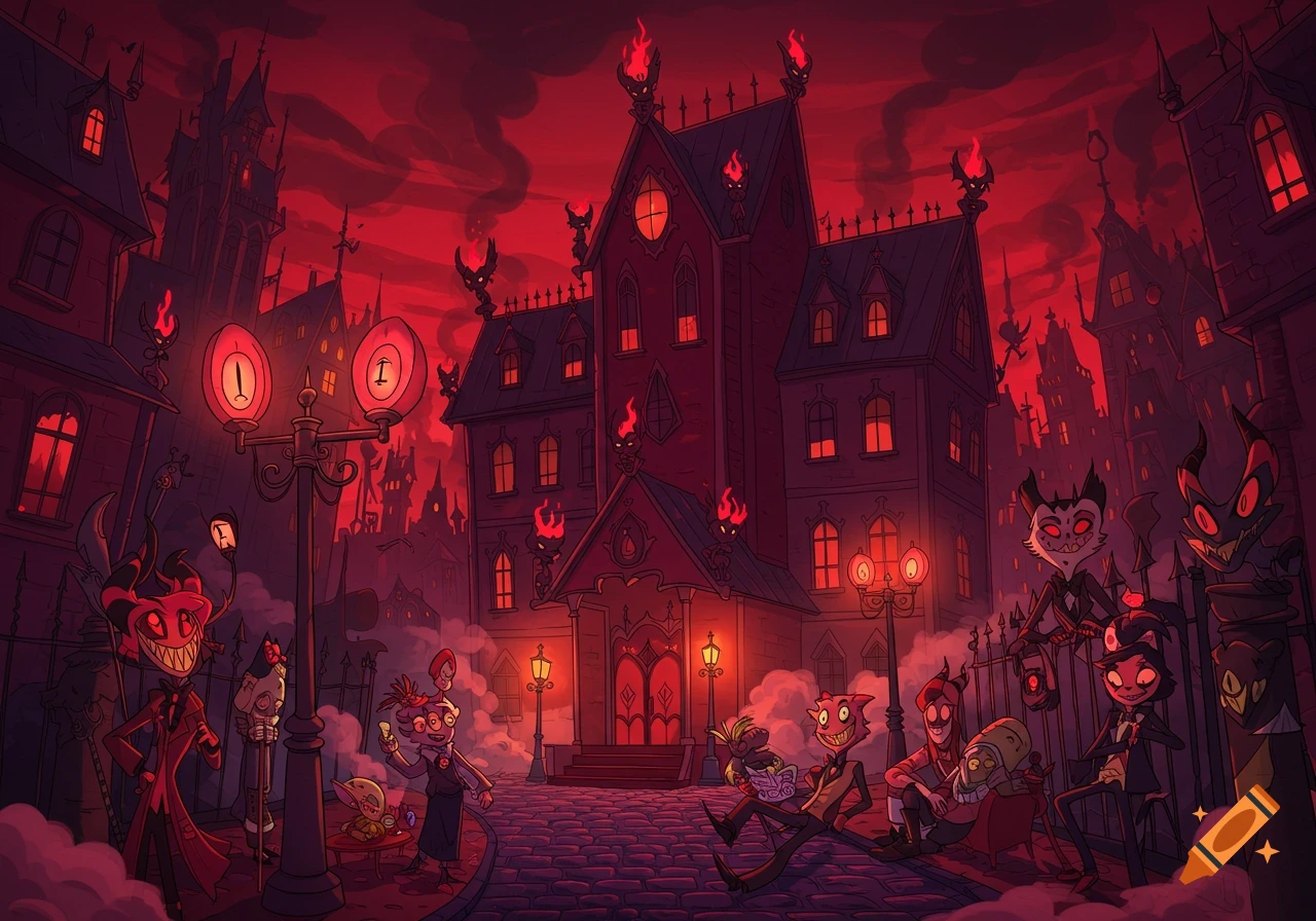 An animated scene in red hues, featuring Hazbin Hotel characters outside a Gothic-style mansion. Demon-like figures gather on a cobbled street under glowing streetlights, with other buildings and a dark sky in the background.