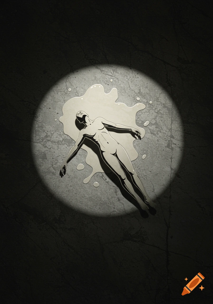 Top-down view of a stylized, light-toned human silhouette lying in a pale liquid puddle on a dark concrete surface, illuminated by a spotlight in a minimalist graphic style.