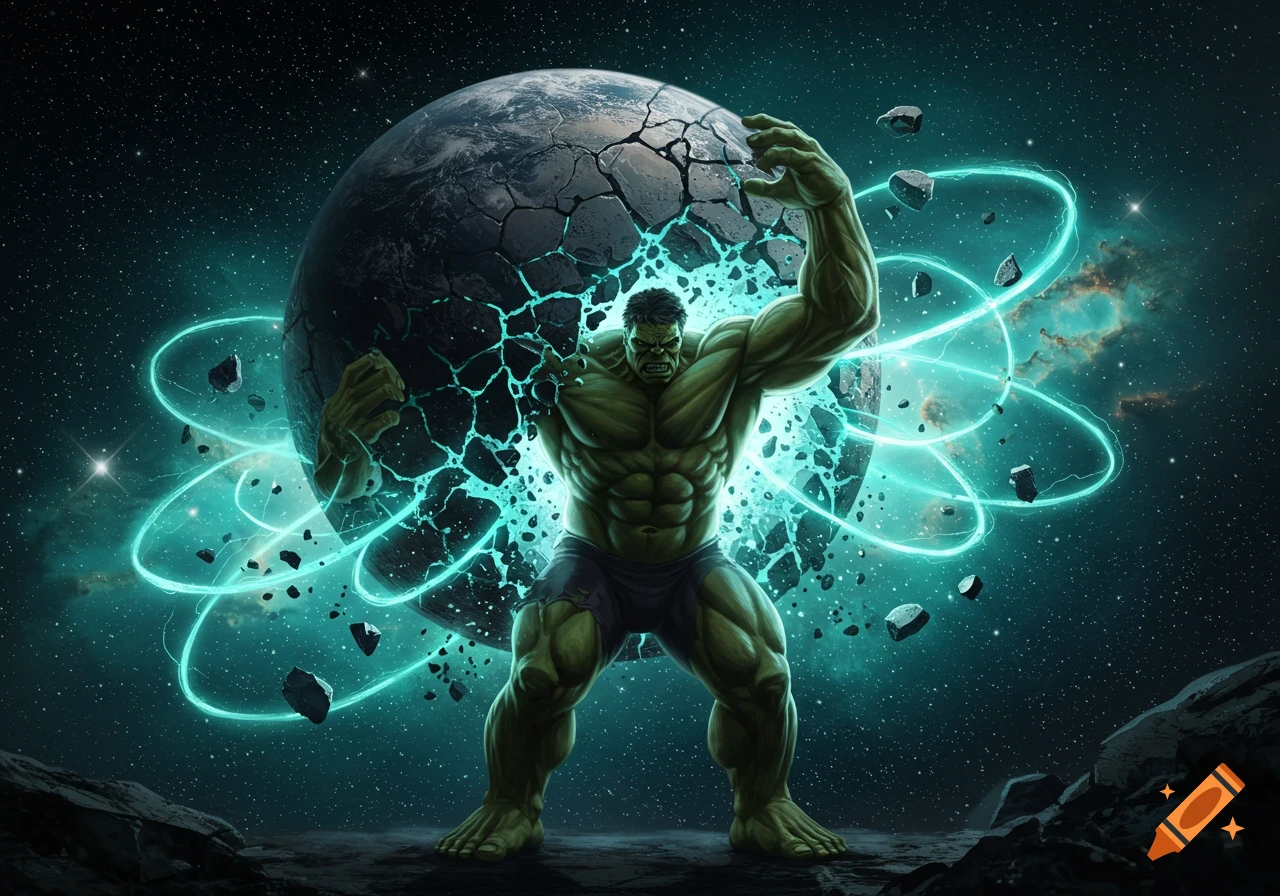 A muscular green superhero strains to hold together a fracturing planet in a detailed cosmic scene with glowing energy rings.