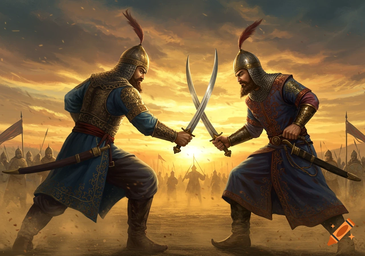 Two armored warriors with swords face each other on a dusty battlefield at sunset, with an army in the background.