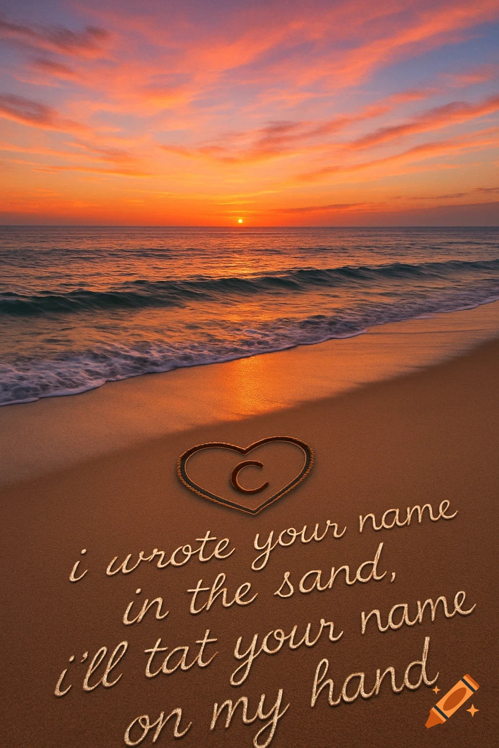 A vibrant sunset over an ocean with a beach in the foreground. A heart with the letter 'C' and the text "i wrote your name in the sand, i'll tat your name on my hand" are etched into the sand.