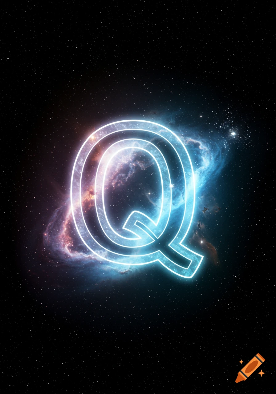 A glowing, stylized capital letter Q in neon blue and white, set against a dark starry cosmic background with colorful nebulae.