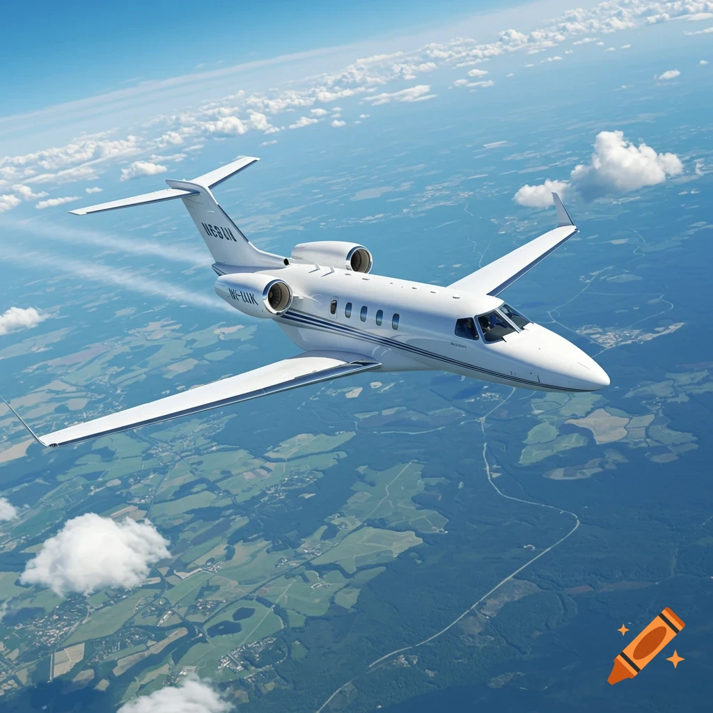 A white private jet flies through a bright blue sky filled with scattered clouds, with green and blue landscapes visible below.