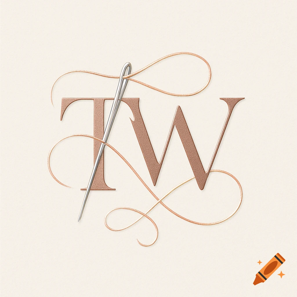 An elegant logo featuring textured copper-colored letters 'T' and 'W' intertwined with a silver needle and flowing thread on a light background.