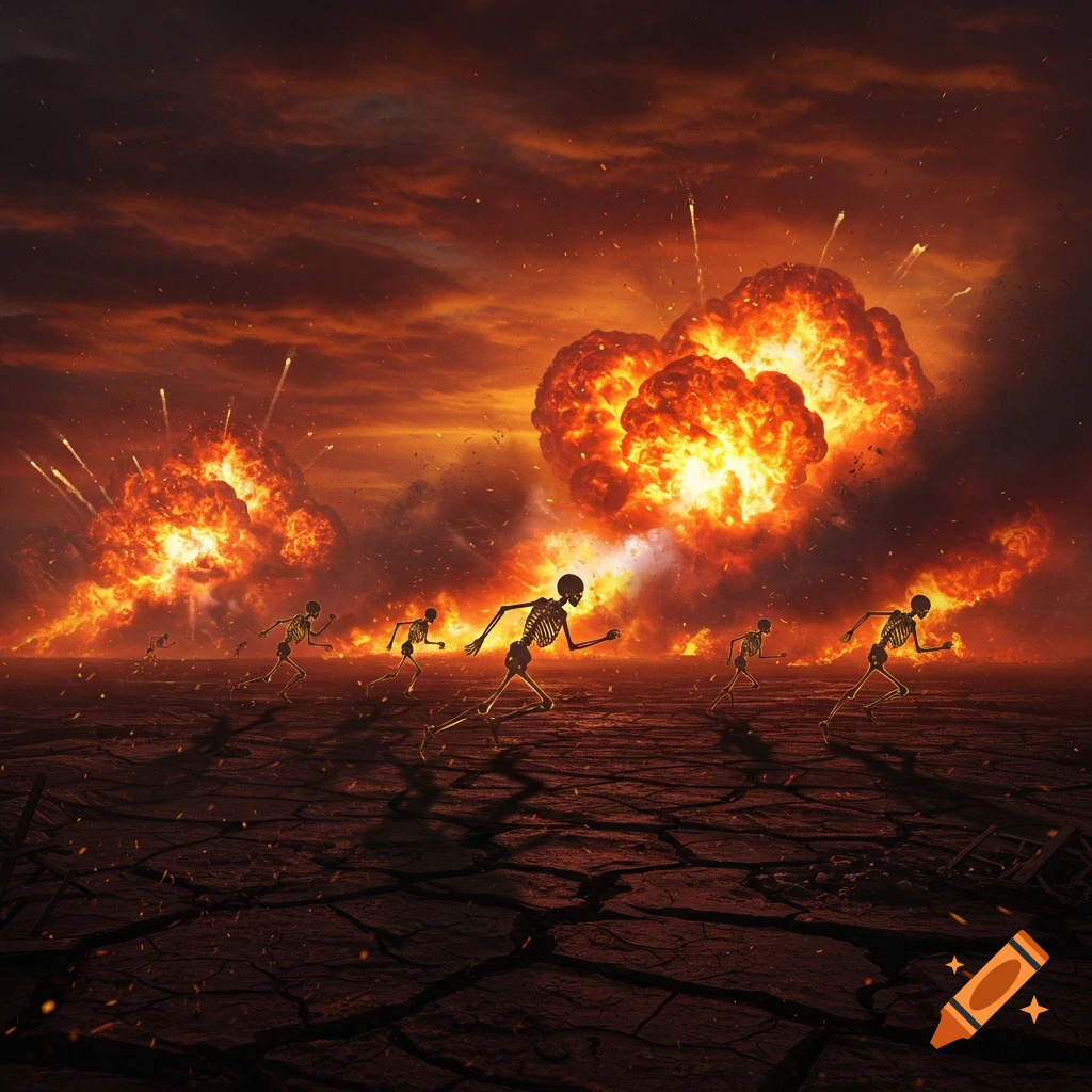 Skeletons run from massive explosions under a fiery, stormy sky on a cracked, desolate ground.