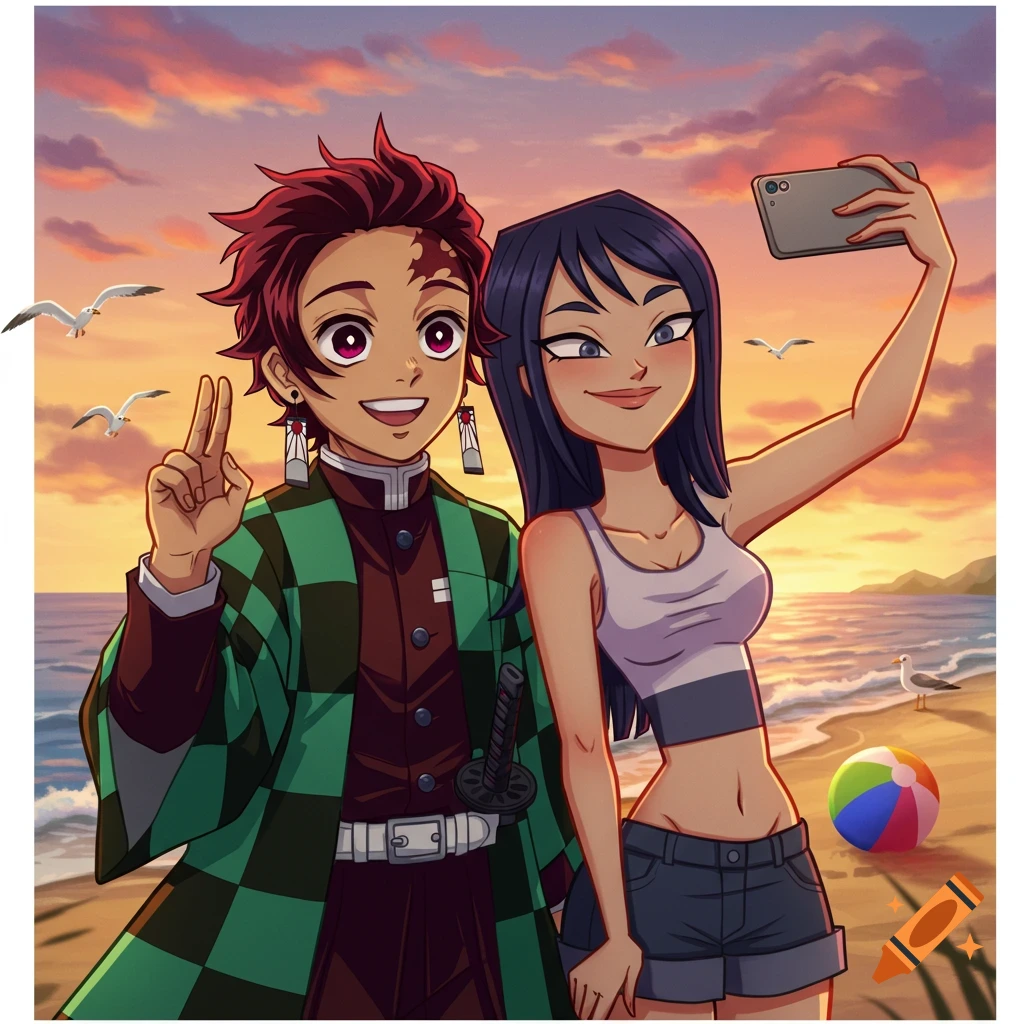 Tanjiro from Demon Slayer and Heather from Total Drama taking a selfie on a beach at sunset in an anime style.