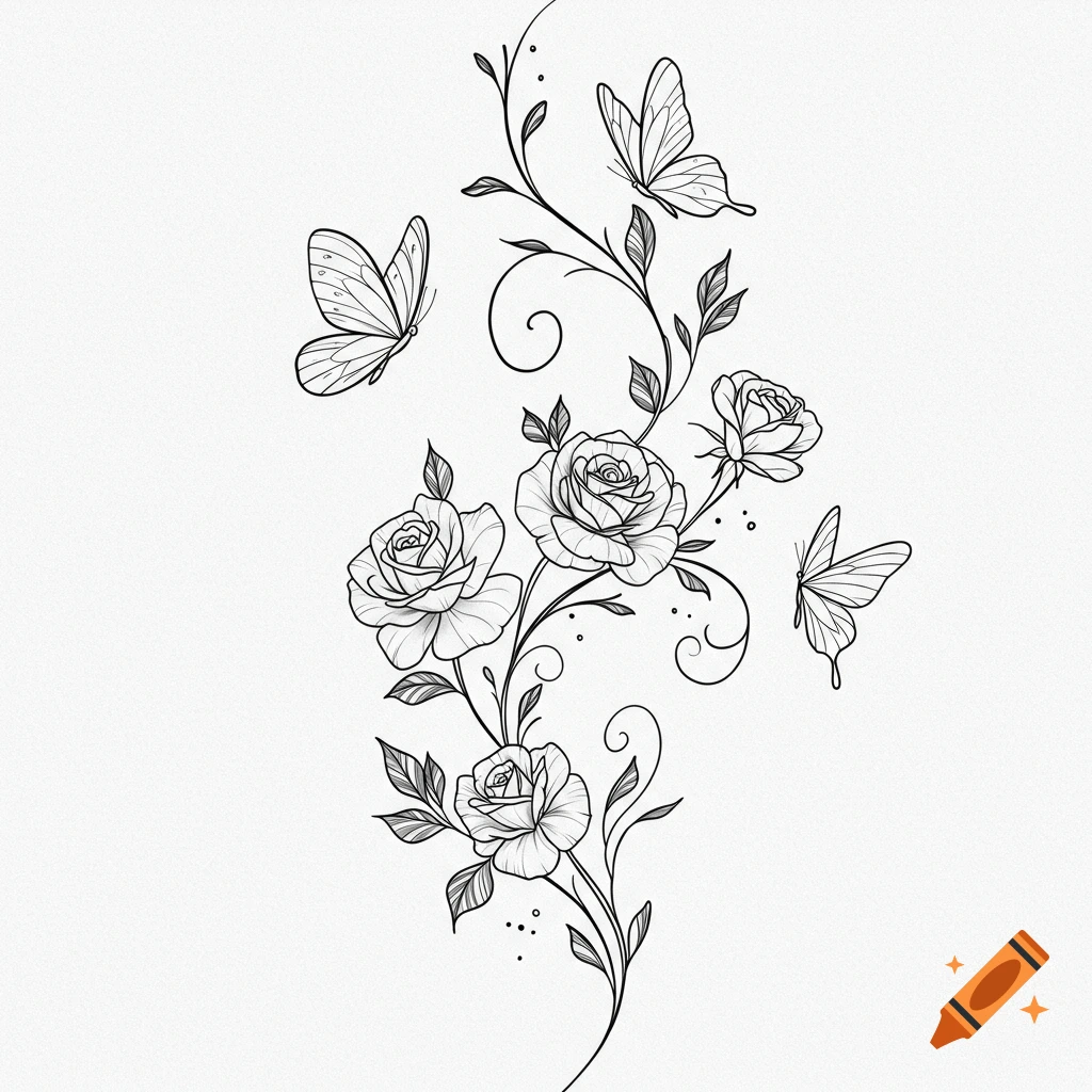 Black and white line art of a vine with blooming roses and flying butterflies.