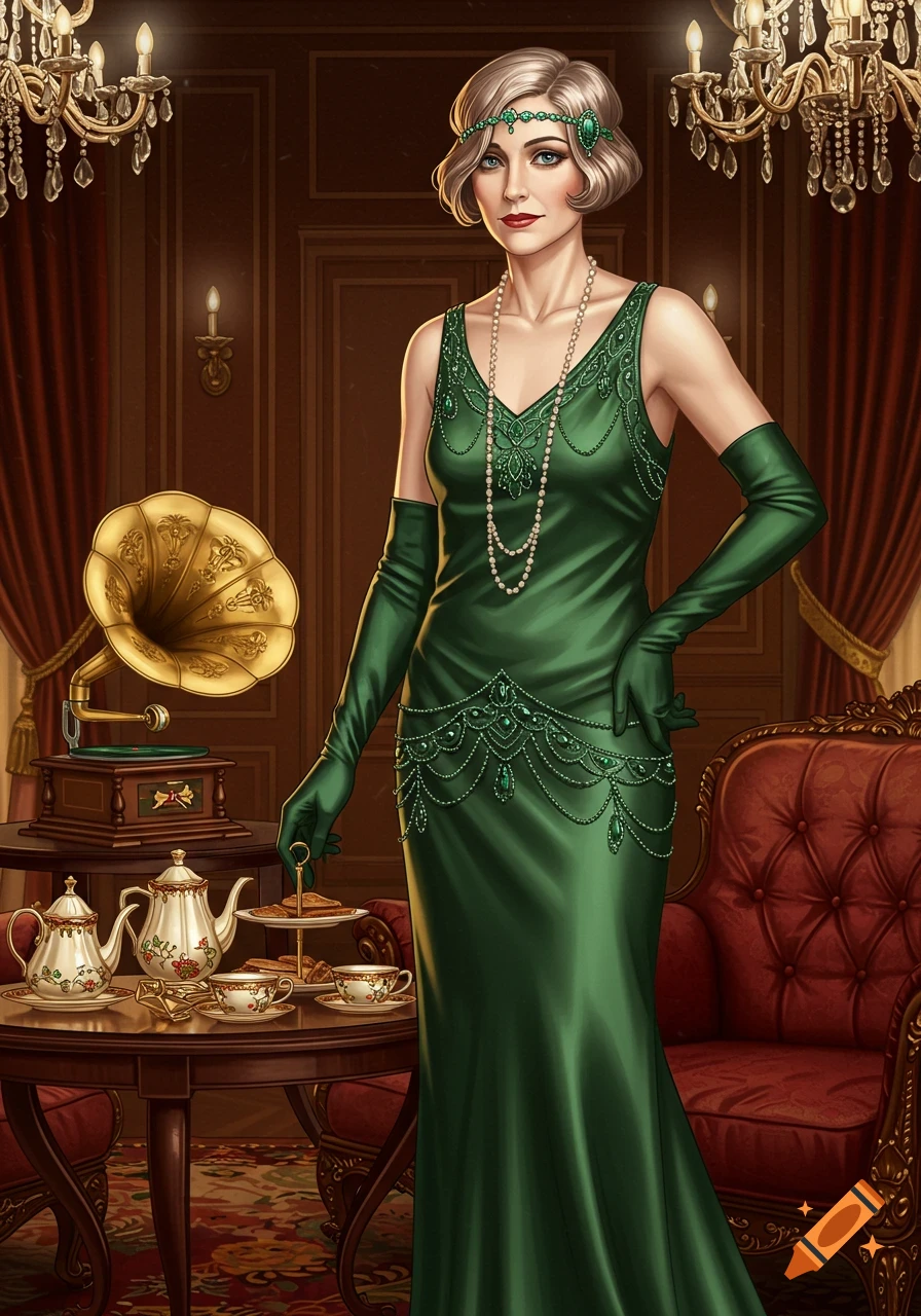 Illustration of an elegant lady in a green 1920s flapper dress and pearls next to a gramophone and tea set.