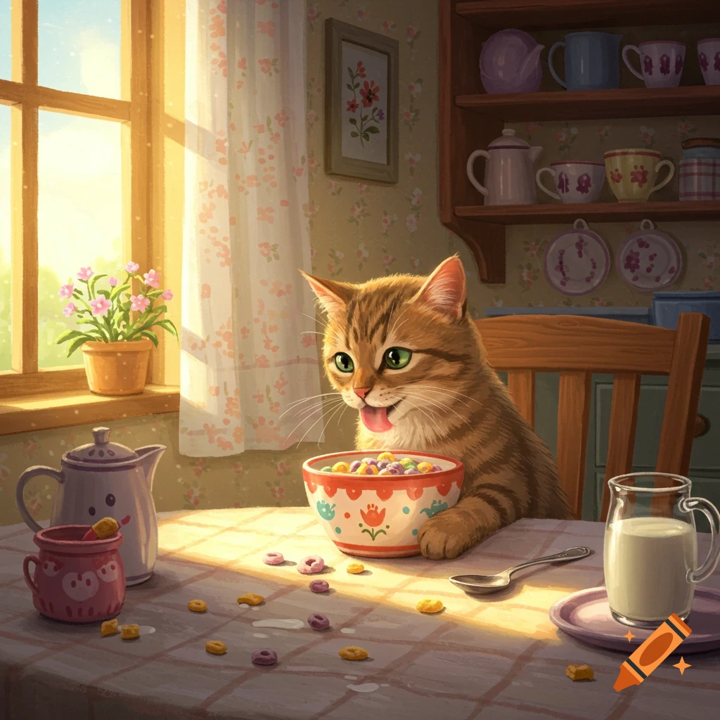 A happy tabby cat with its tongue out looks at a bowl of colorful cereal on a checkered table in a sunlit kitchen.