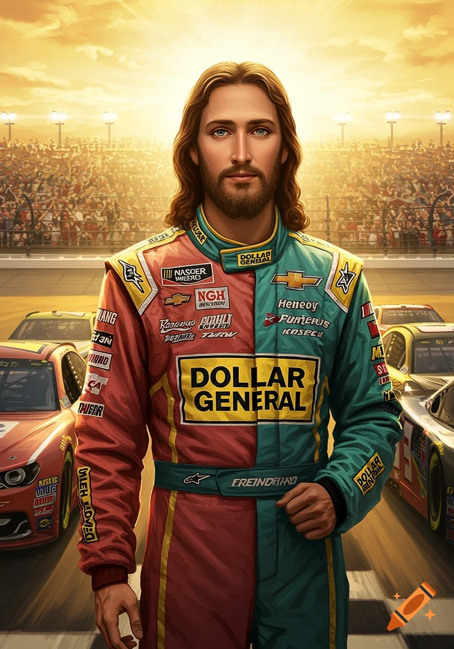 A stylized portrait of Jesus Christ wearing a split red and teal NASCAR racing suit with 'DOLLAR GENERAL' on the chest, standing on a racetrack with race cars and a crowd in the background at sunset.