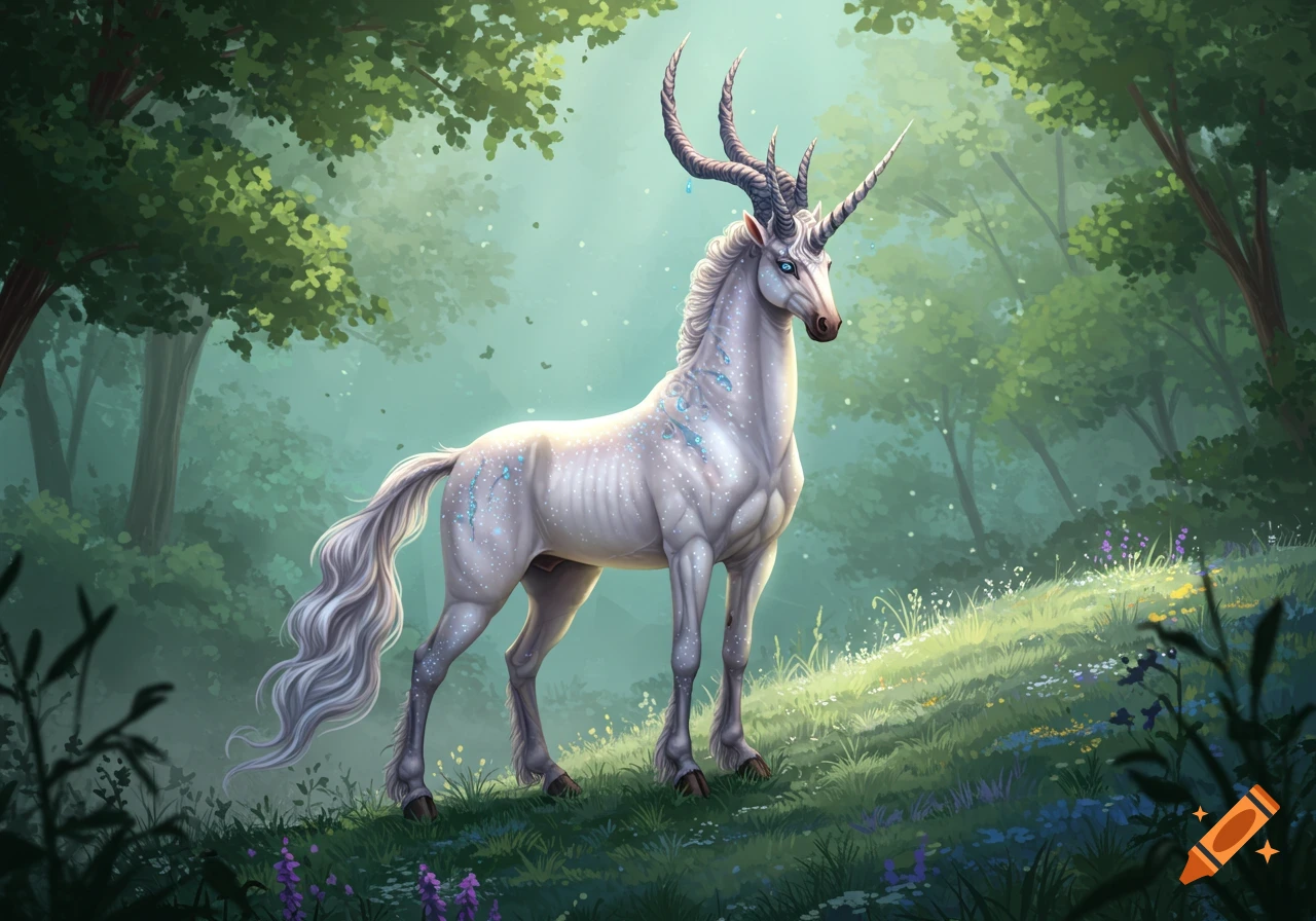 A white creature resembling a horse with two large twisted horns and a single straight horn stands in a misty, magical forest.