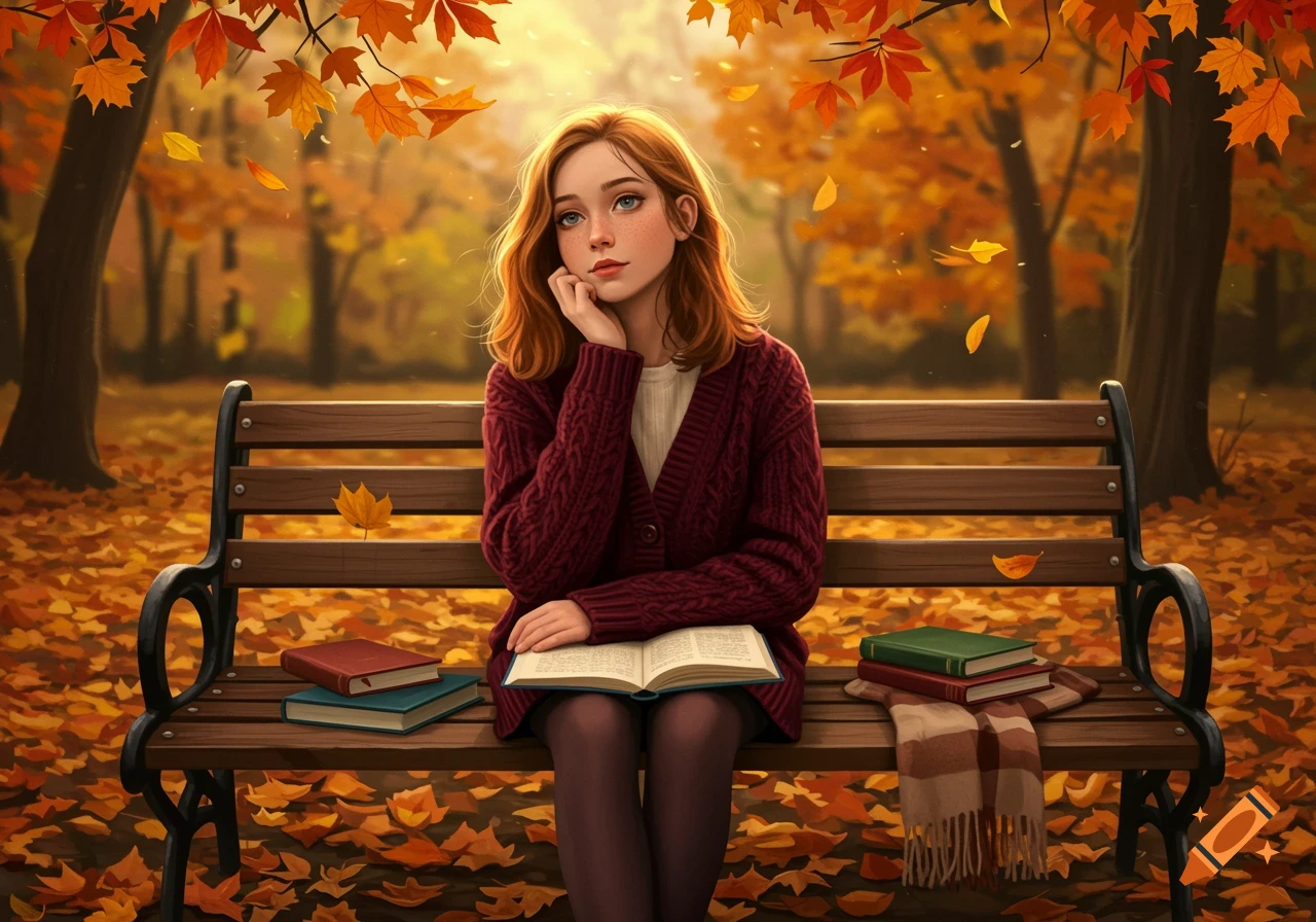 An illustrated girl with red hair sits on a park bench, reading a book amidst fallen autumn leaves.