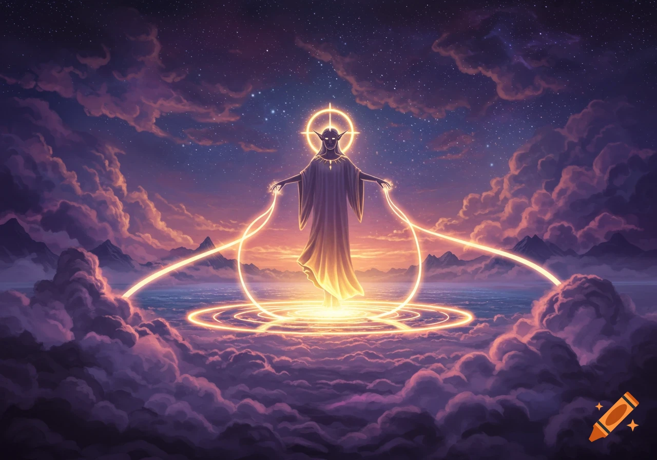 A glowing mystical figure with pointed ears and a halo stands in a cosmic landscape, radiating energy lines over water and clouds.