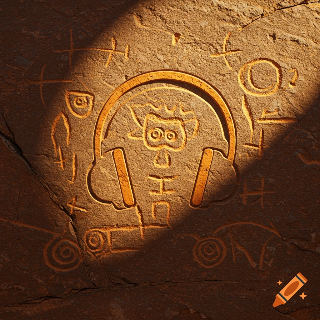 A petroglyph of DJ headphones and ancient symbols carved into a rocky surface, illuminated by a sunbeam.