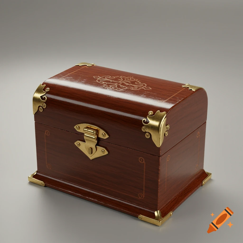 A polished wooden jewelry box with brass hardware and ornate gold designs.
