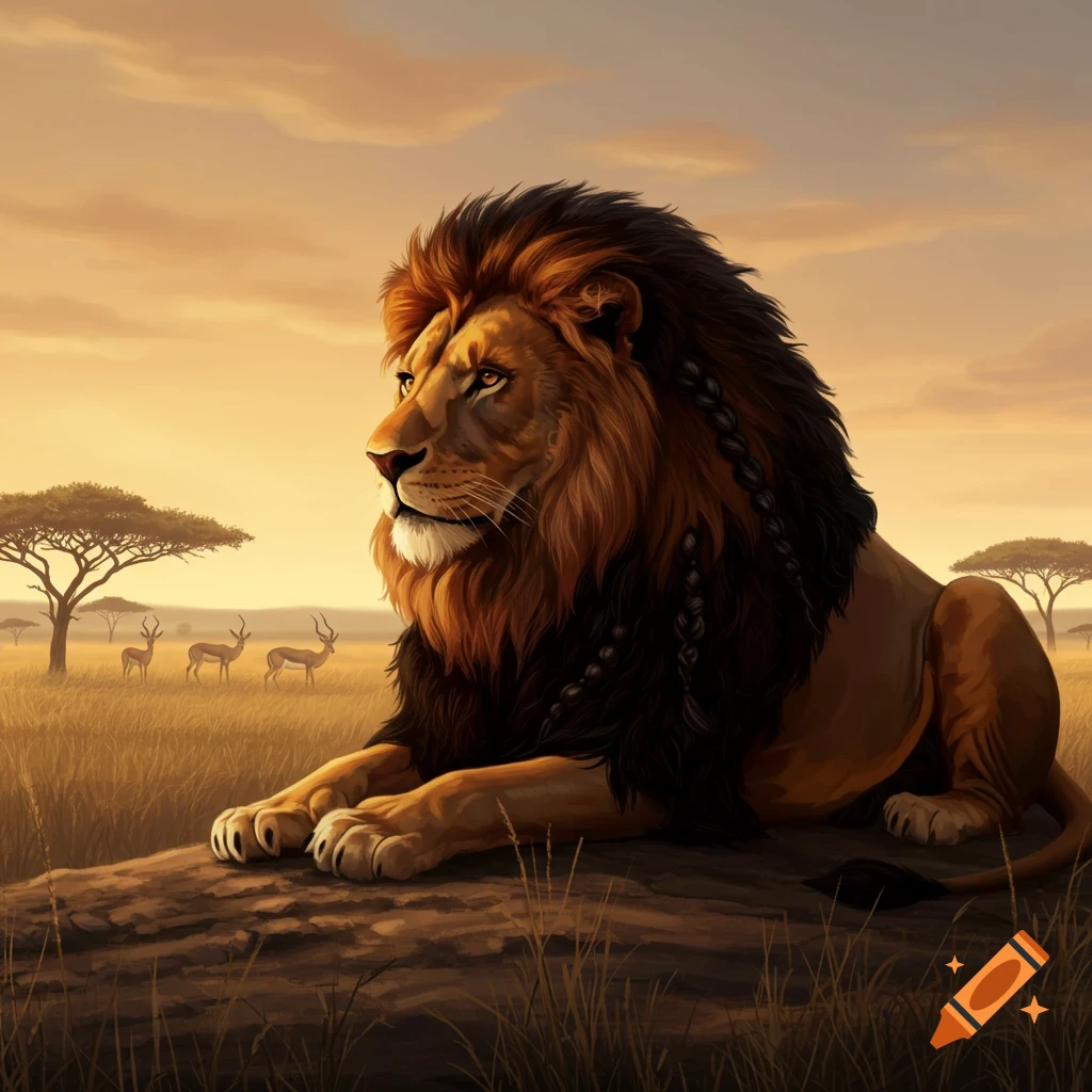 A majestic illustrated lion with a styled mane lies on a rock, observing the savanna at sunset.