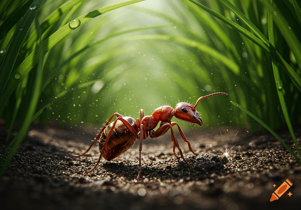 A photorealistic macro shot of a red ant on a patch of soil, surrounded by lush green grass with water droplets.