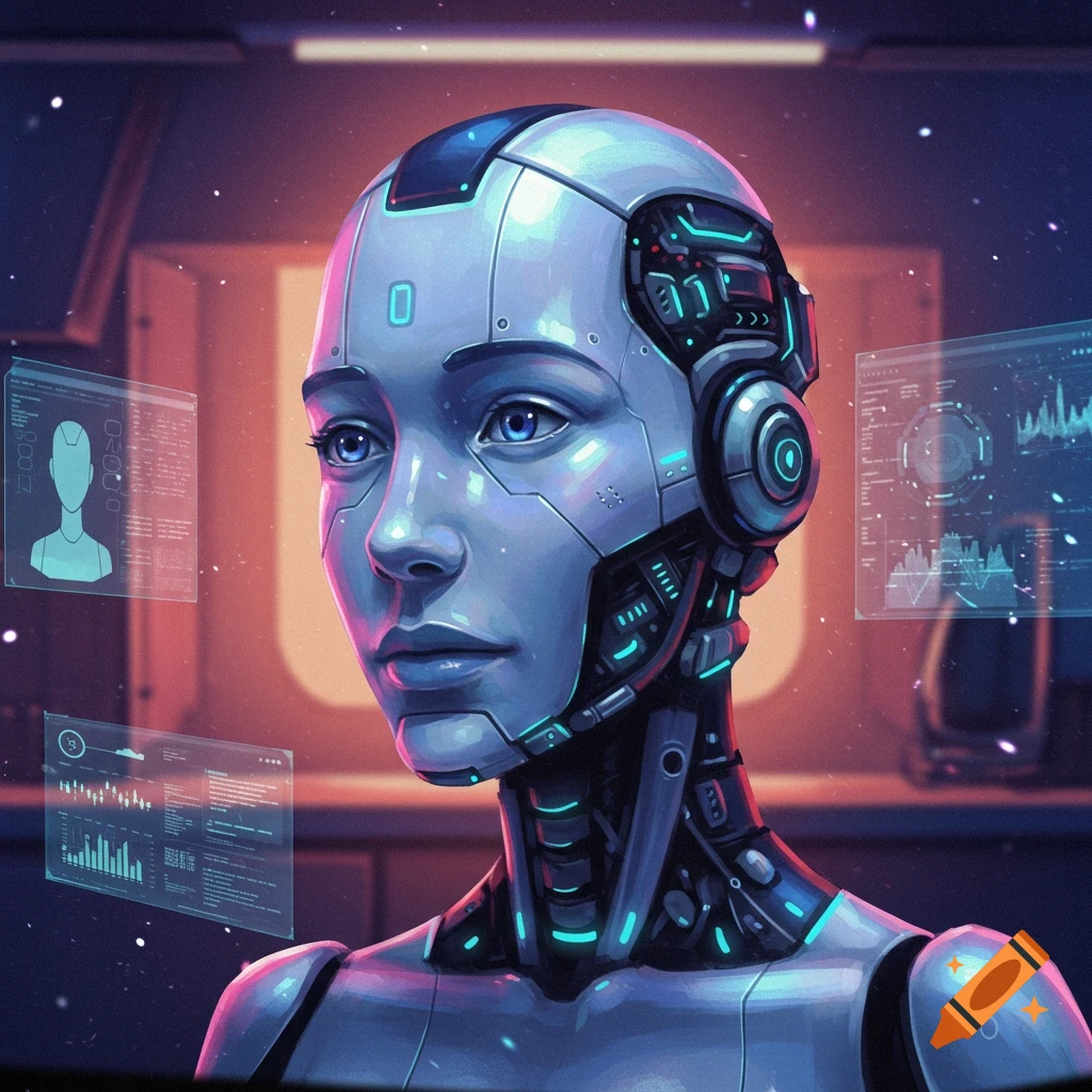 Close-up of a futuristic silver robot's head with glowing blue eyes, surrounded by holographic data screens in a dark, neon-lit room.