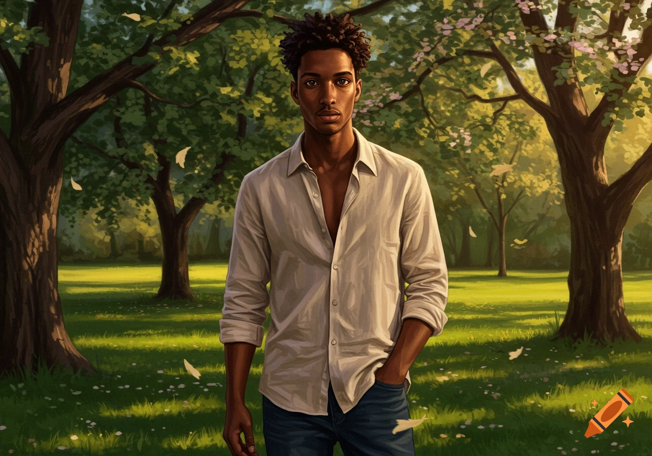 A biracial man with short curly hair stands in a sunny park, wearing an unbuttoned shirt and jeans, in a digital painting style.