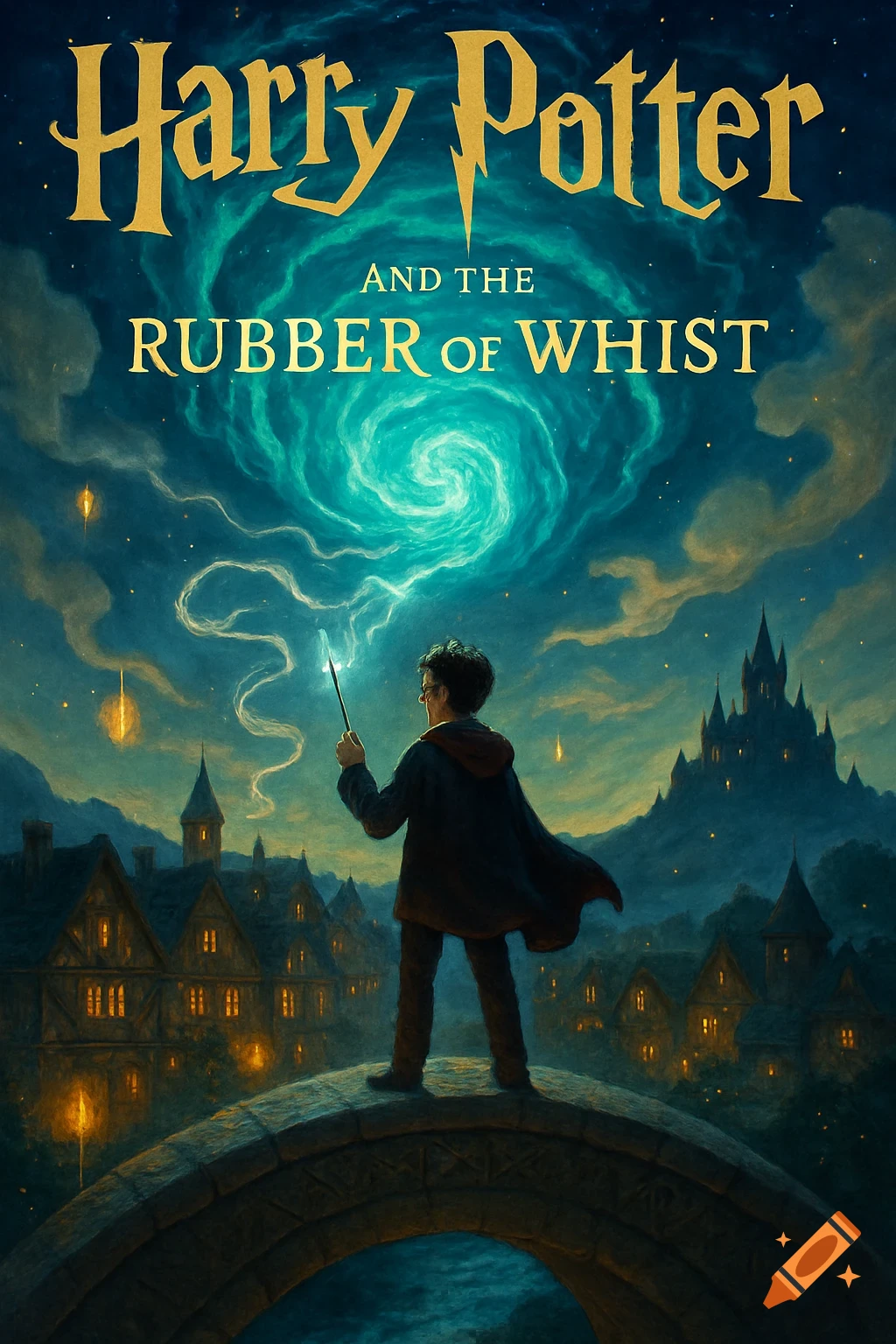 A fantasy book cover showing a wizard on a bridge, casting a spell towards a swirling green vortex in the night sky above a village and castle.