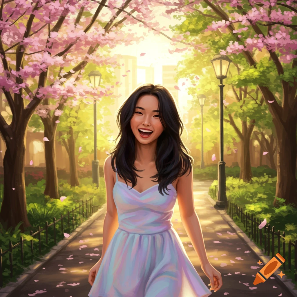 Smiling young woman walking on a park path under blooming pink cherry trees, in a colorful illustration style.