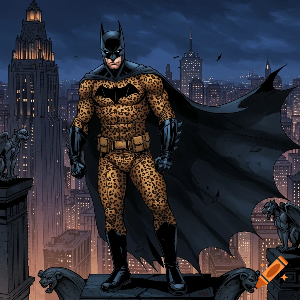 Batman in a leopard print suit, black mask and cape, stands on a Gotham City rooftop at dusk in comic book art style.