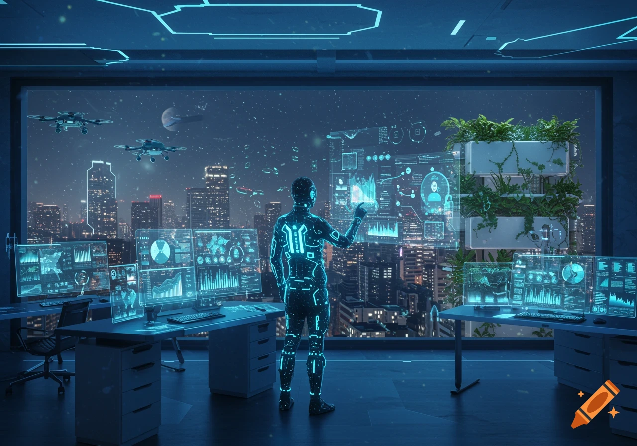 A person in a glowing suit interacts with futuristic holographic displays in an office overlooking a neon-lit city at night.